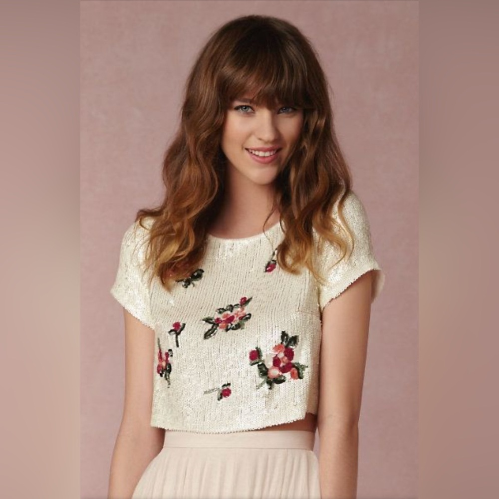 Floral Sequined Cream Crop Top